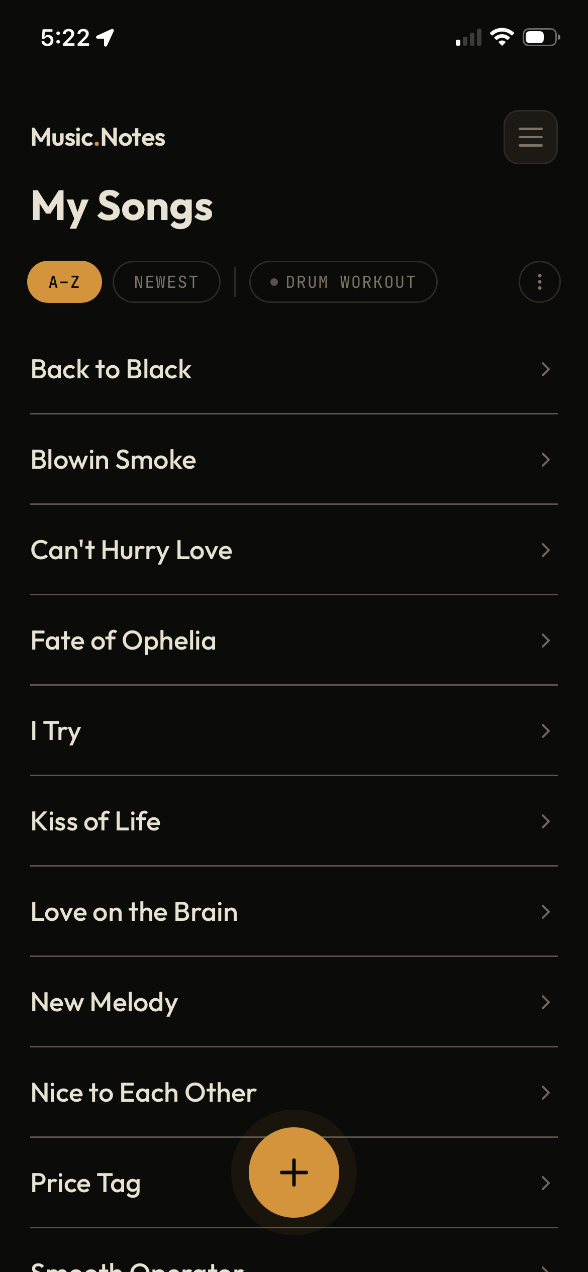 Application dashboard showing song list and interface
